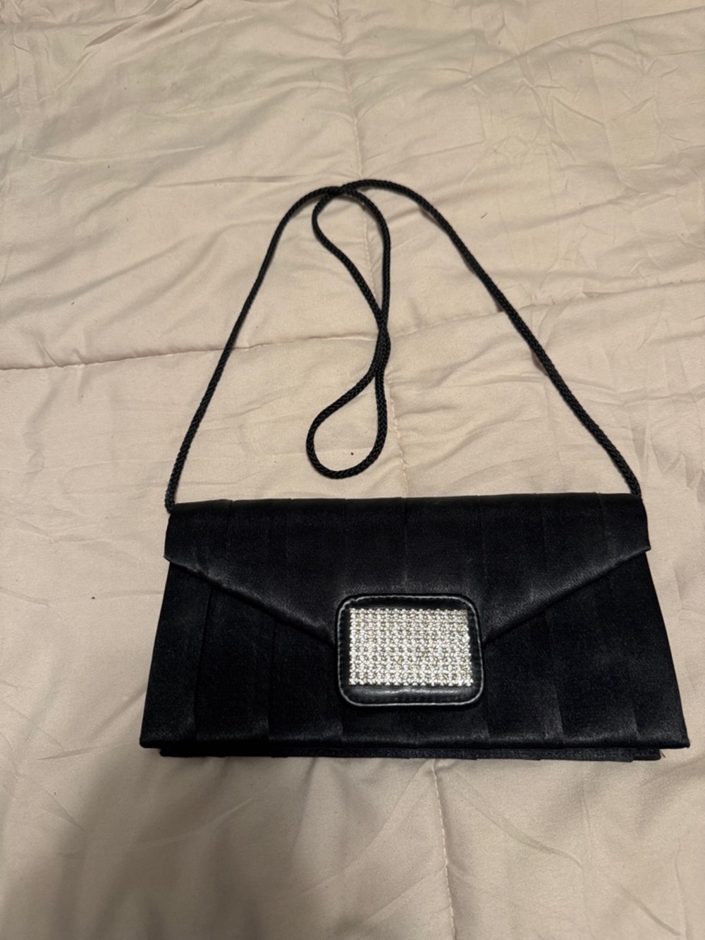 Black Satin Evening Clutch with Crystal Accent